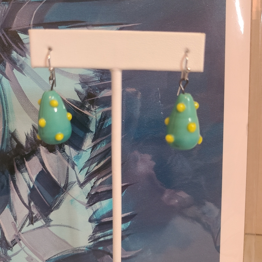 Dangle Earrings Teal Blue Glass Whimsical  Handmade Artisan On S S Hooks
